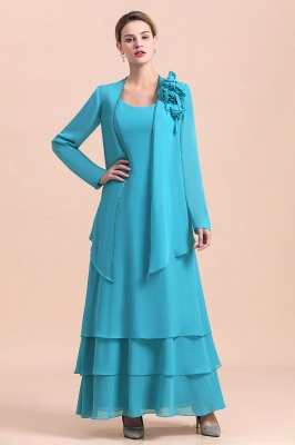 Long sleeves Ocean blue Ruffles Column Chiffon Flower Mother of bride dress