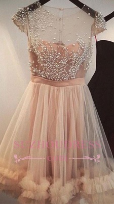 A-line Sheer Capped Sleeves Short Party Dress  Champagne Beading Tulle Homecoming Dresses_2