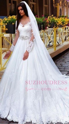 Elegant Princess Crystal Lace Long-Sleeve Wedding Dresses_2