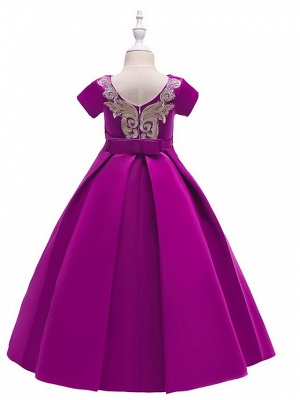 A-Line Round Floor Length Cotton Junior Bridesmaid Dress With Bow(S) / Appliques_4