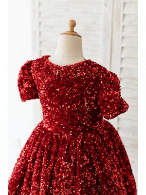 Ball Gown Knee Length Wedding / Birthday Flower Girl Dresses - Sequined Short Sleeve Jewel Neck With Petal / Paillette_4