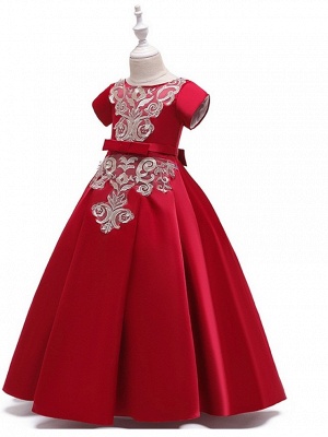 A-Line Round Floor Length Cotton Junior Bridesmaid Dress With Bow(S) / Appliques_9