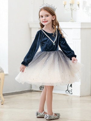 Princess / Ball Gown Knee Length Wedding / Party Flower Girl Dresses - Tulle / Velvet Long Sleeve Jewel Neck With Crystals / Paillette_2