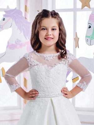 Princess Floor Length Wedding / Birthday / First Communion Flower Girl Dresses - Cotton / Nylon With A Hint Of Stretch / Lace / Mikado 3/4 Length Sleeve Jewel Neck With Lace / Appliques_2