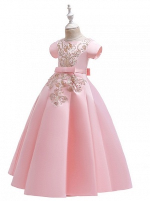 A-Line Round Floor Length Cotton Junior Bridesmaid Dress With Bow(S) / Appliques_11