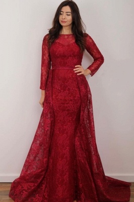 Burgundy Long Sleeves mermaid Prom Dress with Detachable Train_1