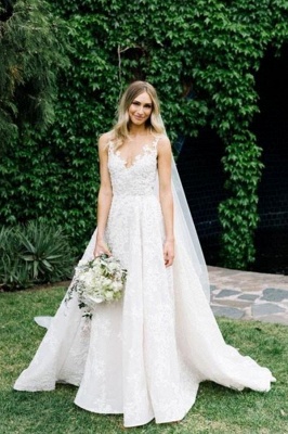 Straps V-neck Floral Beads A-line Wedding Dress_6