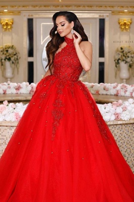 Robe longue de soirée en tulle rouge avec appliques et licou_1