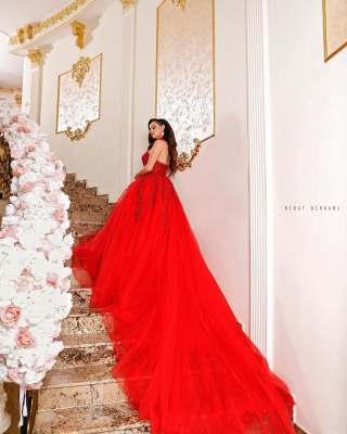 Robe longue de soirée en tulle rouge avec appliques et licou_2