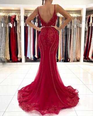 Charming V-Neck Mermaid Appliques Lace Tulle Beading Backless Prom Dress_4