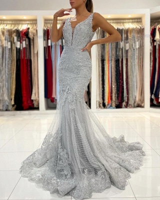 Elegant Wide Straps Appliques Lace Crystal Open Back Floor-length Mermaid Prom Dress_6