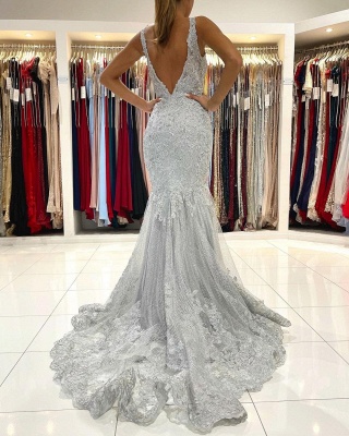 Elegant Wide Straps Appliques Lace Crystal Open Back Floor-length Mermaid Prom Dress_2