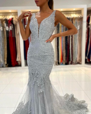 Elegant Wide Straps Appliques Lace Crystal Open Back Floor-length Mermaid Prom Dress_5