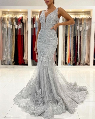 Elegant Wide Straps Appliques Lace Crystal Open Back Floor-length Mermaid Prom Dress_3