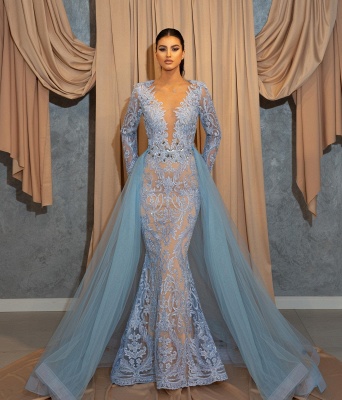 Gorgeous Sky Blue V-neck Long Sleeve Sheath Mermaid Appliques Transparent Lace Prom Dresses_2