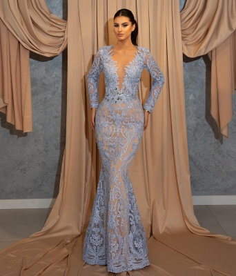 Gorgeous Sky Blue V-neck Long Sleeve Sheath Mermaid Appliques Transparent Lace Prom Dresses_3