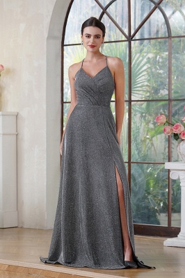 Designer A-Line Polyester Lurex Fabric V-Neck Sleeveless Darkbrown Prom Dress With Pocket Split