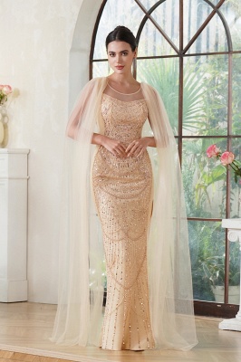 Gorgeous Mermaid Polyester Knitted Scoop Sleeveless Champagne Gold Prom Dresses With Beading Split