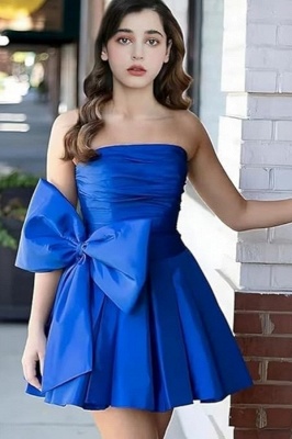 Robe de soirée courte élégante en dentelle bleu royal sans bretelles