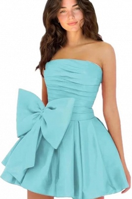 Elegante vestido de fiesta corto de encaje sin tirantes azul real_13