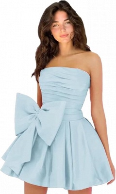 Elegante vestido de fiesta corto de encaje sin tirantes azul real_59