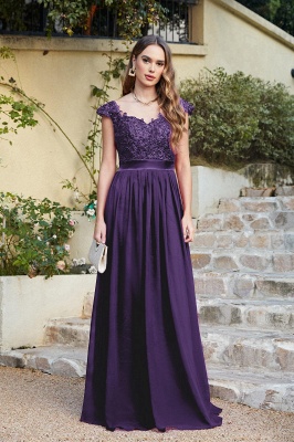 Beautiful V Neck A-Line Bridesmaid Chiffon Dress With Appliques_14