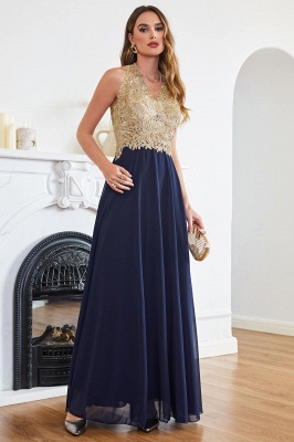 Beautiful Evening Formal Gold Appliques Chiffon Lace Prom Long Ball Gown_8