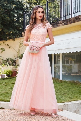 Amazing Chiffon Sleeves Scoop Short Lace Prom Dress Online_2