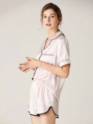 Eoeth Damen Solide Satin Seide Nachtwäsche Spitze Revers Knopf Kordelzug Kurzarm Elastische Taille Hosen Pyjama Set_4