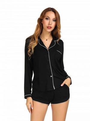 Conjunto de pijama negro sexy estilo casual | Tops de manga larga para mujer con pantalones