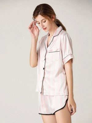 Eoeth Women Solid Satin Silk Sleepwear Lace Lapel Button Drawstring Short Sleeve Elastic Waist Pants Pajamas Set