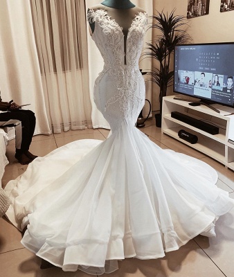 Beaded Fit And Flare Mermaid Wedding Dress Online | Sexy Deep V Neck Applique Bridal Gowns_2