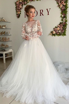 Elegant A-Line Long Sleeves Wedding Dresses Tulle Pleated Bridal Gowns_1