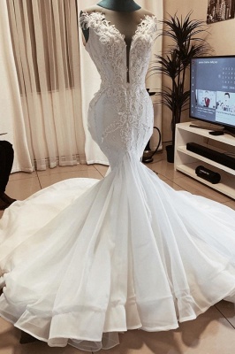 Beaded Fit And Flare Mermaid Wedding Dress Online | Sexy Deep V Neck Applique Bridal Gowns_1