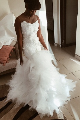 Sleeveless Flowers Wedding Dress On Sale | Chic Mermaid Tulle Ruffles Bridal Gowns_1