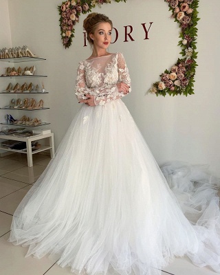 Elegant A-Line Long Sleeves Wedding Dresses Tulle Pleated Bridal Gowns_3