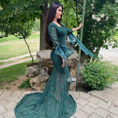 Chic Green Long Sleeve Lace Prom Dress Mermaid Evening Party Gowns_3