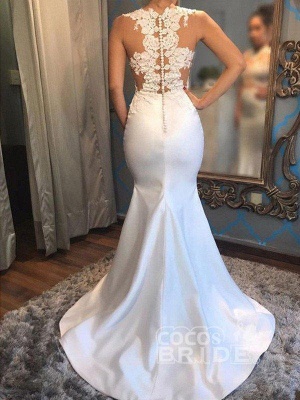 Satin Applique Court Train Wedding Dress On Sale | Mermaid Scoop Sleeveless Bridal Gowns_2