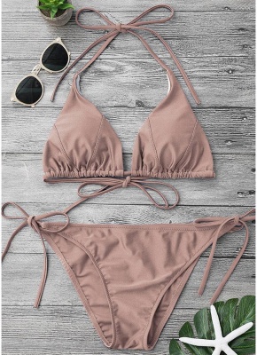 Solid Color Halter Bodycon Tie Bikini Set UK_1