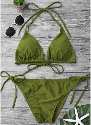 Solid Color Halter Bodycon Tie Bikini Set UK_4