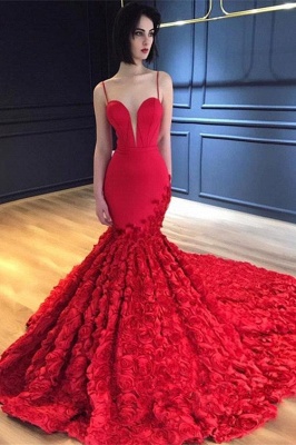 Luxury Red Flowers Mermaid Gorgeous Prom Dresses  | Sexy Spaghetti Straps Backless Evening Dress_1