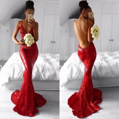 Sexy Red Deep V-Neck Mermaid Prom Dresses  Backless Sequined Evening Gowns BA7966_3