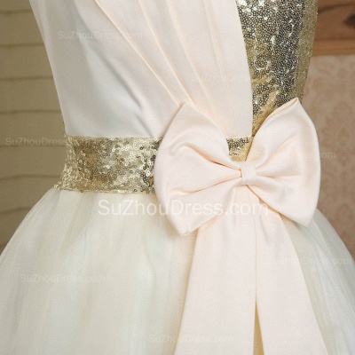 New Arrival Strapless Cute Satin Short Bridesmaid Dress Lace-Up Sequined Bowknot Mini Wedding Dress_4