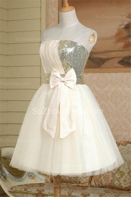 New Arrival Strapless Cute Satin Short Bridesmaid Dress Lace-Up Sequined Bowknot Mini Wedding Dress_2