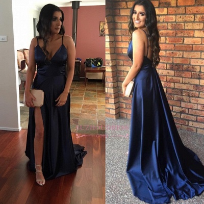 Navy Blue V-Neck Formal Dress   Sleeveless Open-Back Side-Slit Newest Prom Dress_1