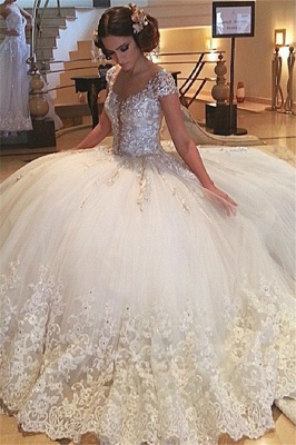 Gorgeous Cap-Sleeves Beaded Wedding Dresses  | Crystals Lace Tulle Bridal Ball Gowns_2