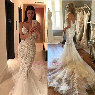 Charming Spaghetti-Strap Mermaid Wedding  Dress Lace Zipper Button Tulle Bridal Gowns_1