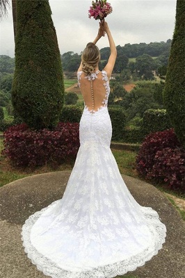 Elegant Mermaid Lace Wedding Dresses  Sleeveless Court Train Hollow-out Bride Dresses_4