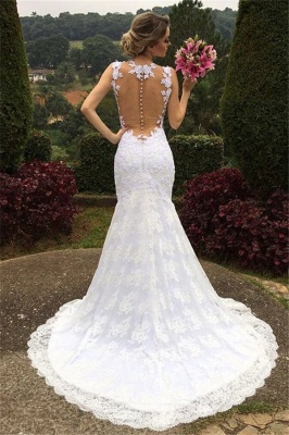 Elegant Mermaid Lace Wedding Dresses  Sleeveless Court Train Hollow-out Bride Dresses_3