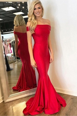 Simple Red Mermaid Off Shoulder Evening Dresses | Sweep Train Ruffles Ball Dresses_1